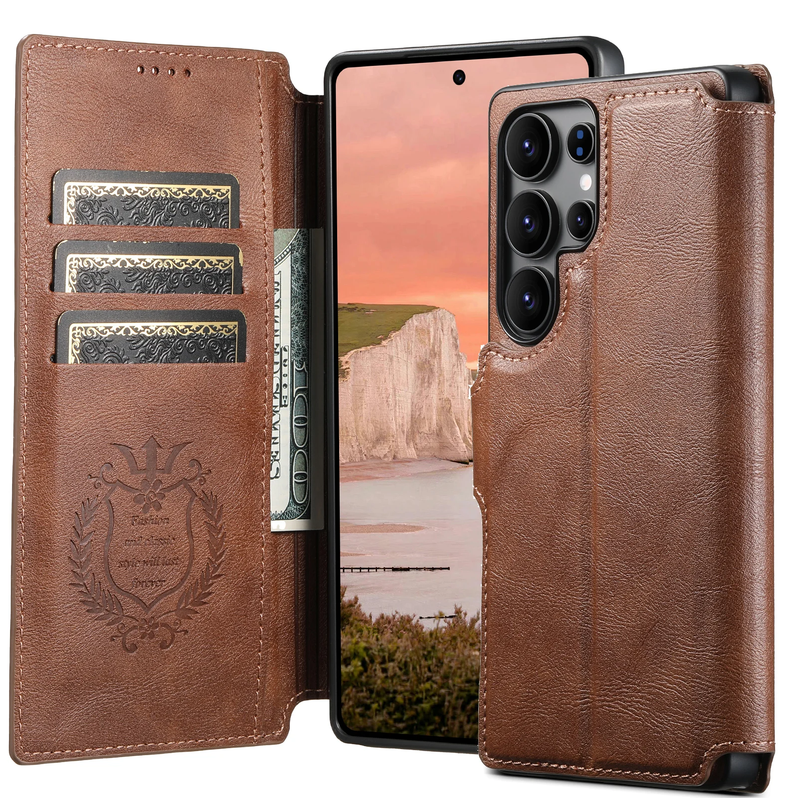 SUTENI PU Leder Drahtlose Lade Karte Halter Stehen Brieftasche Magnetische Flip-Cover Telefon Fall Für Samsung Galaxy S25 Ultra S24 S23 – Detail 7