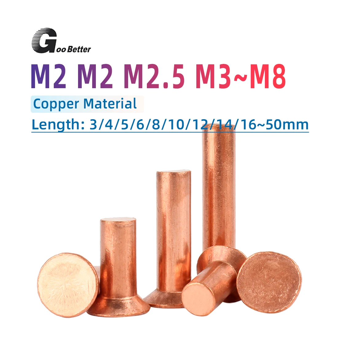 

Solid Copper Countersunk Head Rivets DIN 661 2mm 2.5mm 3mm 4mm 5mm 6mm 8mm Rivet