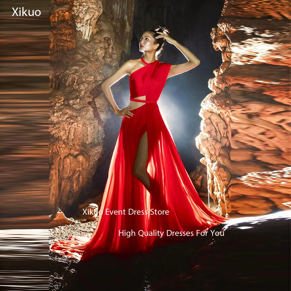 Xikuo Rot Fließende Abendkleider Hohe Schlitz Maxi Prom Kleider Chiffon Eine Schulter Ausschnitt Vestidos De Fiesta Mujer Angepasst
