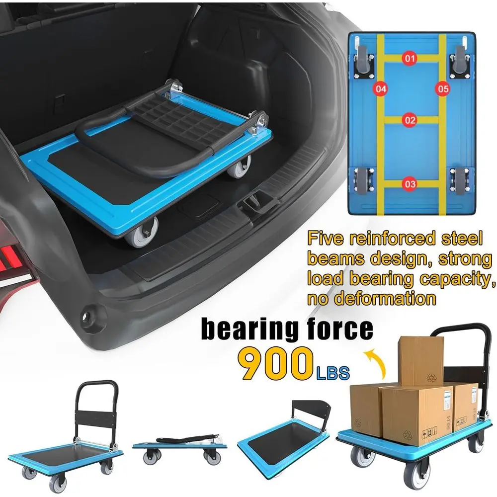 Wytrzymały składany wózek platformowy z obrotem 360 stopni °   Kółka obrotowe, 30,3 cm dł. x 19,7 cm szer., udźwig 900 funtów, niebieskie