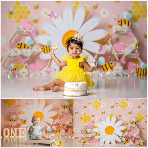 Fondo fotográfico de flores de Margarita blanca, mejor abeja, accesorios de estudio fotográfico de miel dulce, pastel de cumpleaños para niños, fondos de fotografía Smash