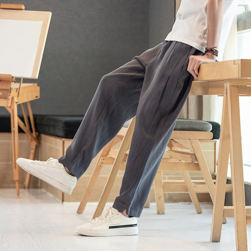 

Lin Men Summer Thin Cotton Linen Breathable Casual Sports Pants Large Size Loose Straight Leg Pants Drapey Wide Leg Long Pants