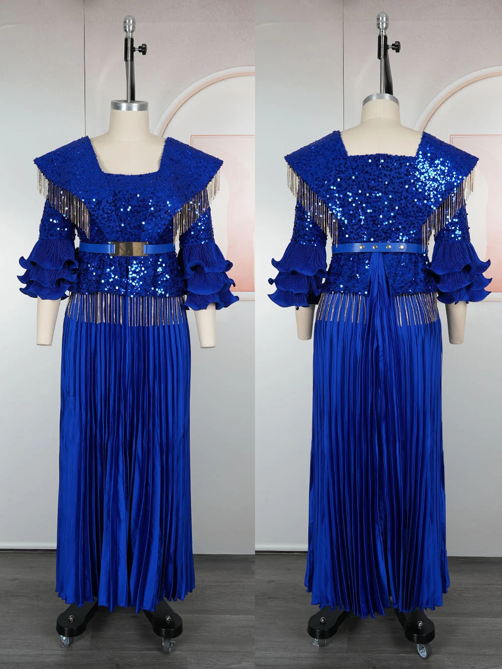 Ruffle Sleeve Dresses For Women Luxury Sequin Pleated Long Dress Wedding Party Evening Gown Birthday Elegant Ladies Clothing