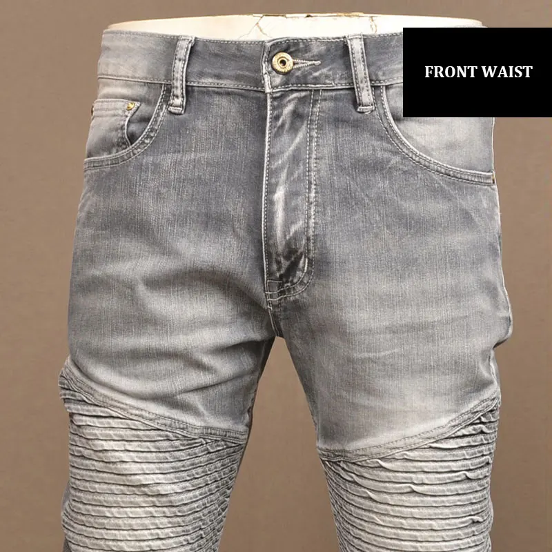 Celana Jeans pria mode jalan, celana Jeans Denim melar Slim Fit Retro, celana pensil pengendara sepeda motor desainer tambalan untuk pria