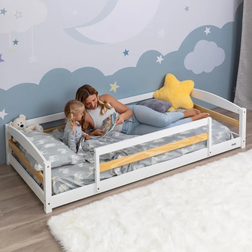 

Twin Floor Bed with Safety Guardrails for Kids, Montessori Inspired with Rails and 2 Openings, Twin Size Bed Frame for Girls and