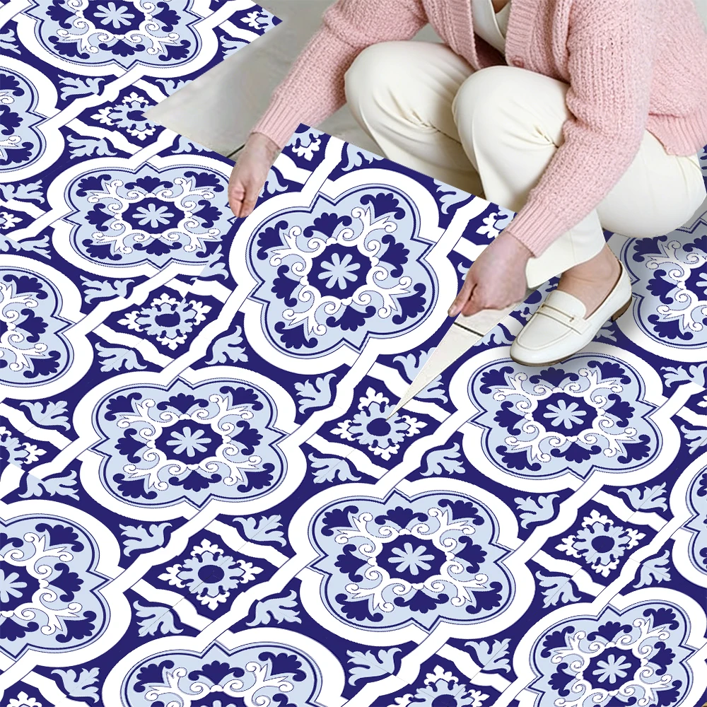 

10 шт. синих марокканских напольных плиток, водонепроницаемые самоклеящиеся виниловые наклейки из ПВХ, съемные ретро-плитки с геометрическим узором