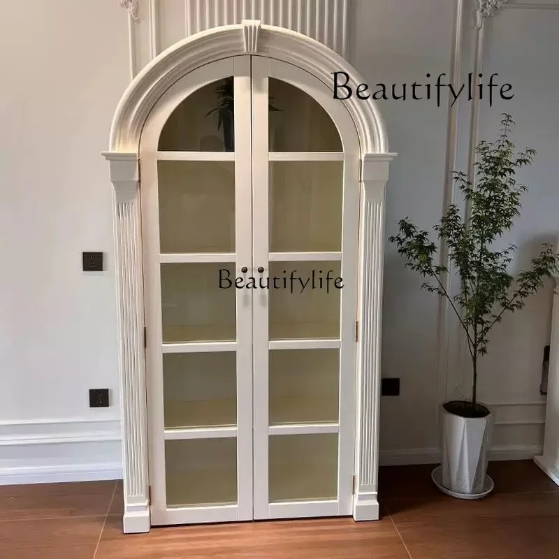 

46French retro solid wood arched bookcase antique living room wall locker American glass door display bookshelf