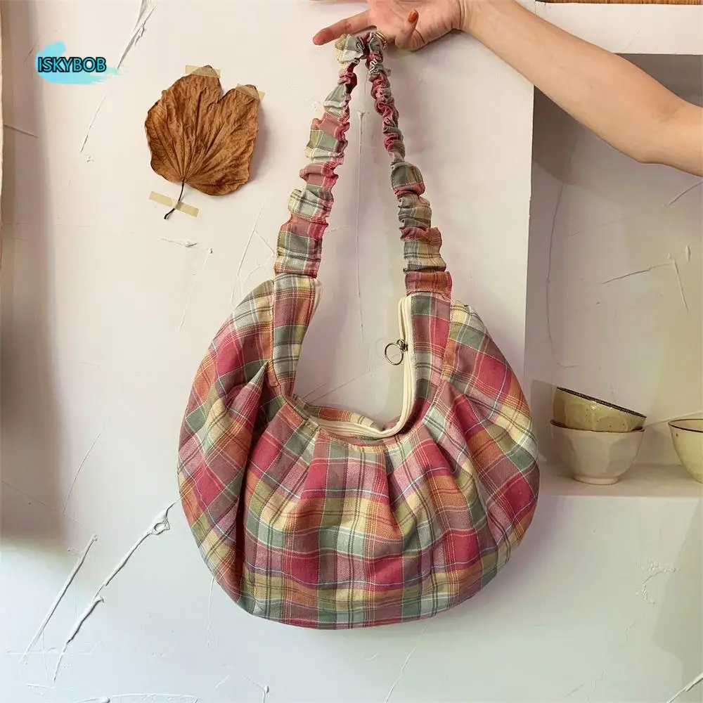 

Portable Sweet Pleated Dumpling Bag Korean Style Large Capacity Lattice Tote Bag Casual Women Chic Underarm Bag Shopping