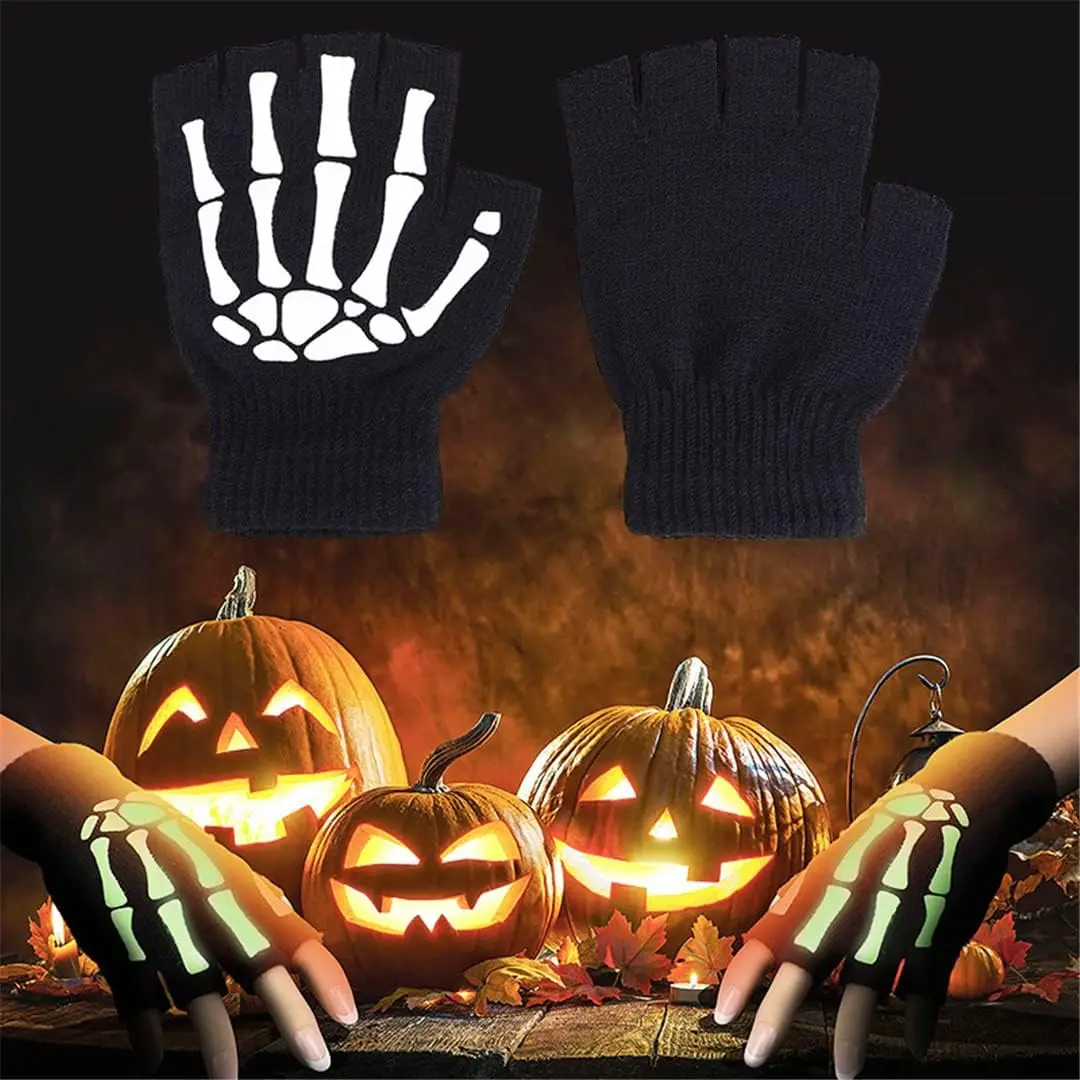 Toddler Kids Halloween Skeleton Fingerless Gloves Grow Skull Half Finger Gloves Stretch Knit Gloves Halloween Costume Gloves