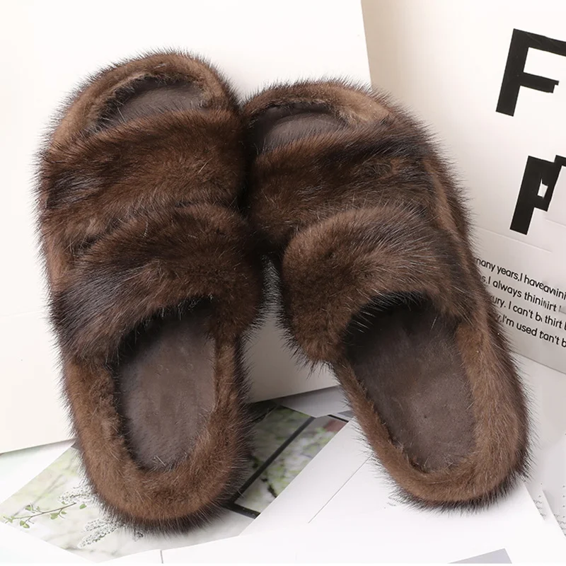 Women\'s Fur Slippers Female Designer Shoes For Women 2024 Woman Outside Flat Fashion Ladies Mink slippers Girls Mink Fur Slipper