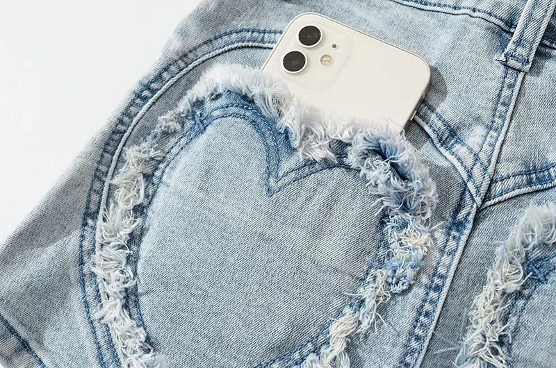 High Waist Retro Washed American Style Spicy Girl Heavy Duty Elastic Denim Jeans Heart Shaped Butt Lifting Slim Fit Pants