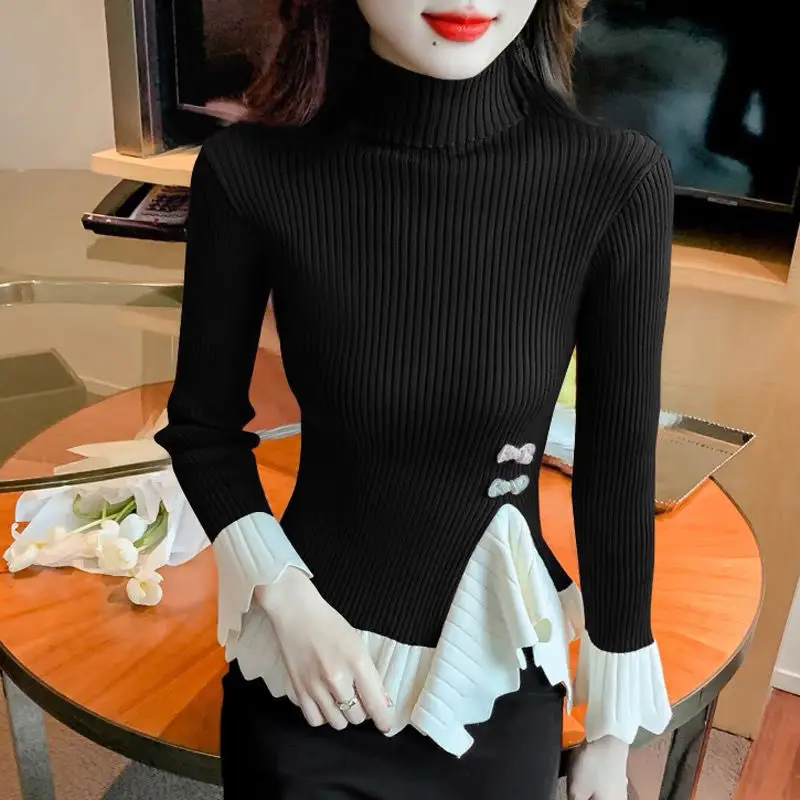 

New Chinese Style Buttoned Turtleneck Knitted Base Shirt Women Autumn Winter New Irregular Contrasting Long-sleeved Top