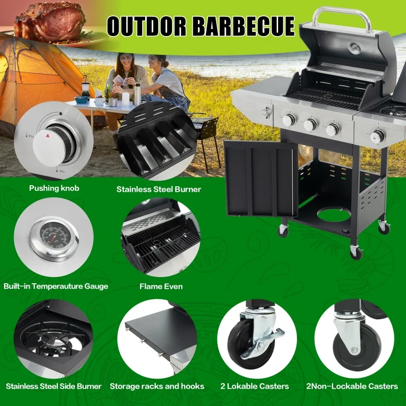 USA Stock Stainless Steel Bbq Tabletop Gas Grill 4 Burner Barbecue Gas Grill with Side Burner ,46500 BTU Outdoor Cooking