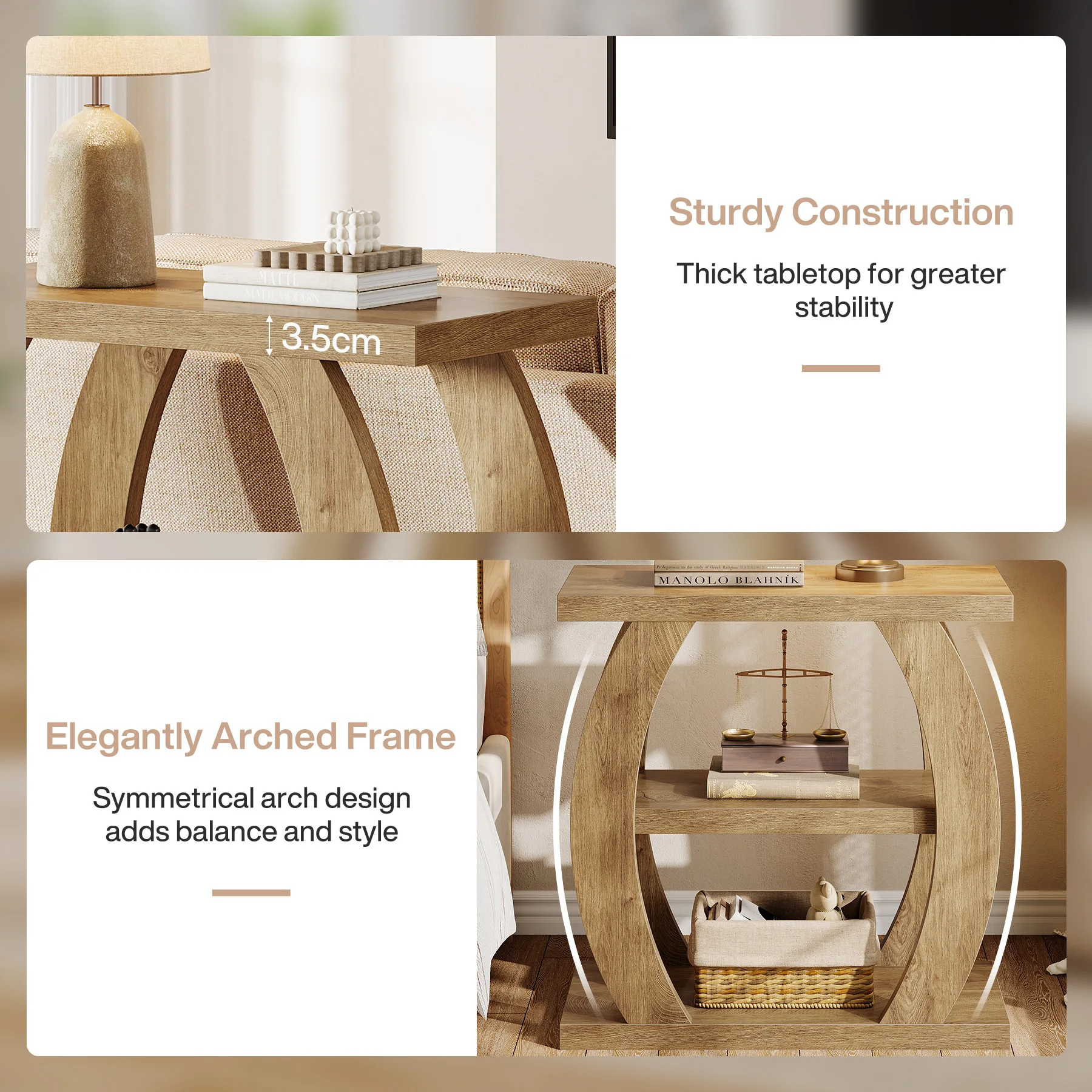 Tribesigns End Table for Living Room, 3-Tier Narrow Side Table with Storage, Farmhouse Wooden Beside Table with Geometric Frame, Tall Nightstand for Bedroom, Small Spaces, Natural Oak image 6