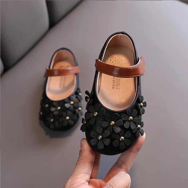 Congme 1-7 Yrs Girls Leather Shoes Baby Kids Floral Shoes Princess Single Shoes Soft Comfortable