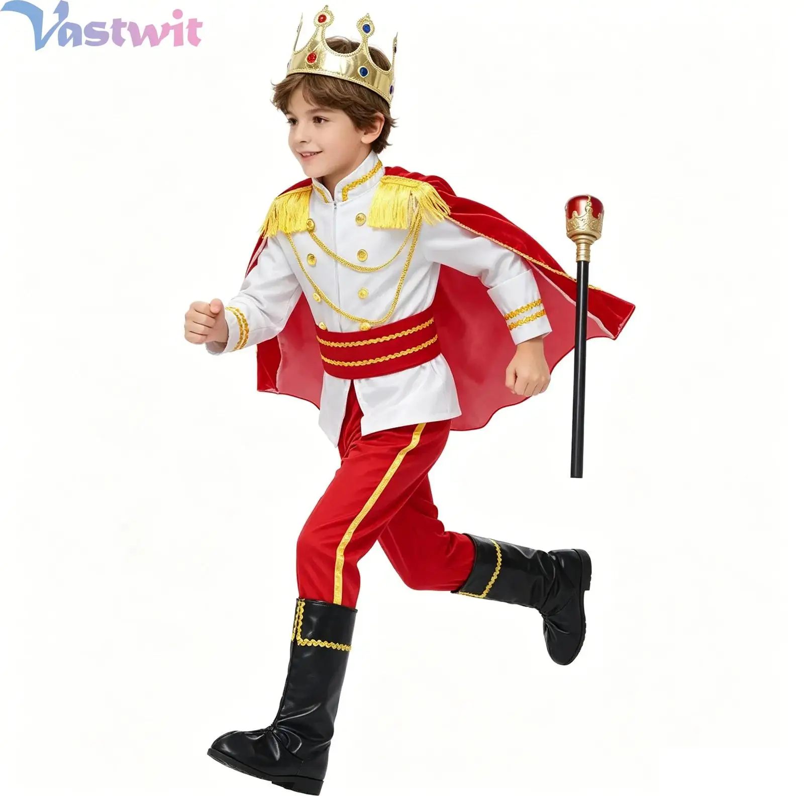 Little Boys Prince King Cosplay Costume Cloak Crown Scepter Top Pants Set Halloween Theme Party Masquerade Stage Show Outfits