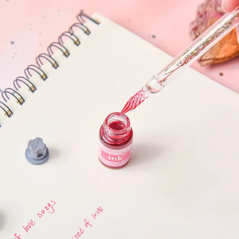 

1 комплект, набор стеклянных ручек с сухим цветком, подставка для перьевых чернил, романтические сказочные цветные чернила, водяные канцелярские принадлежности