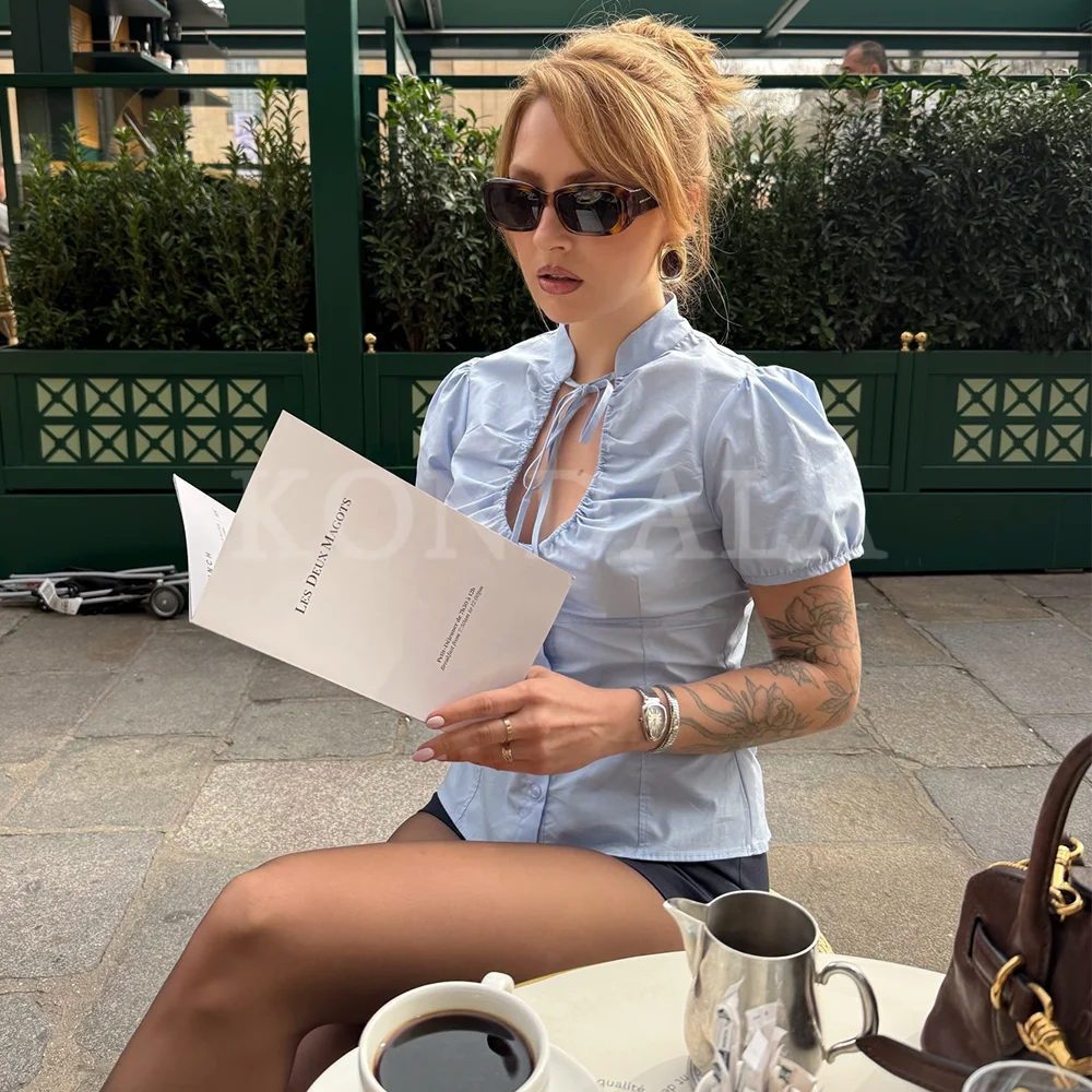 KONDALA 2026 Spring Summer Casual Blue Shirring Puff Sleeve Women Shirts Fashion Dot Beach Style Going Out Ladies Short Shirts