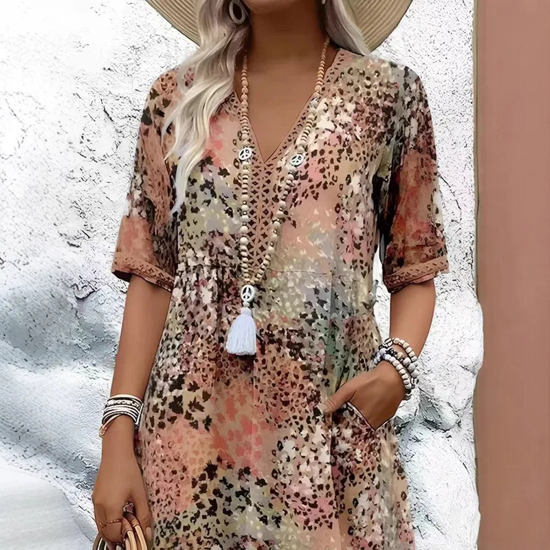 

European And American Fashion New Print Lace Trim V Neck Short Sleeve Dress Trendy Summer Floral Flared Casual Women Outfit