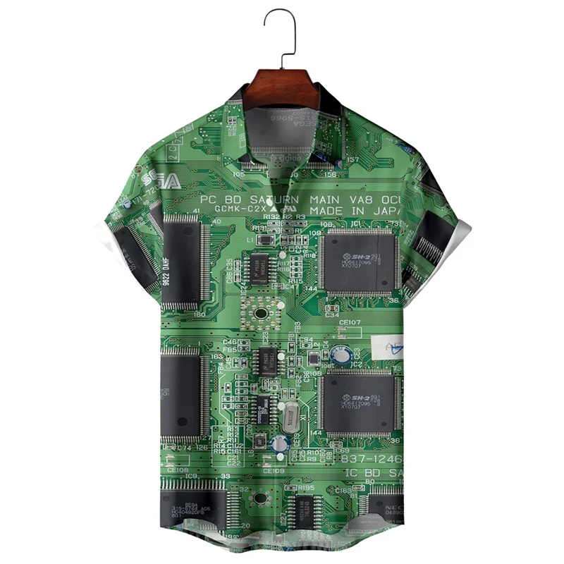 Electronic Chip 3D Printed Shirts For Men Clothes Vintage Motherboard Blouses Engineer Short Sleeve Button Personality Male Tops