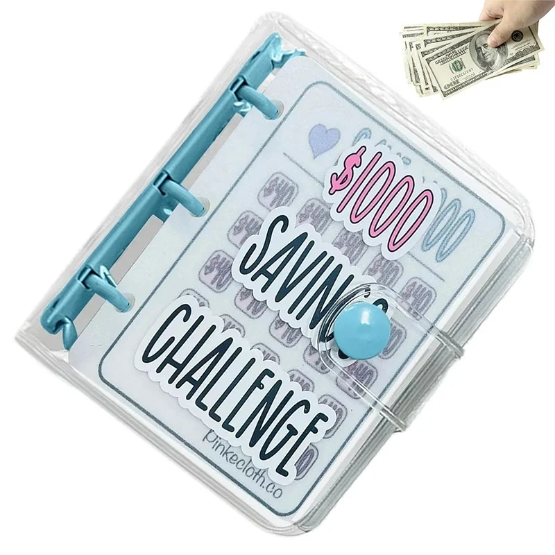Mini Money Saving Binder $1000 Cash Envelopes Mini Budget Binder Storage Durable Glossy PVC Waterproof Savings Challenges Book