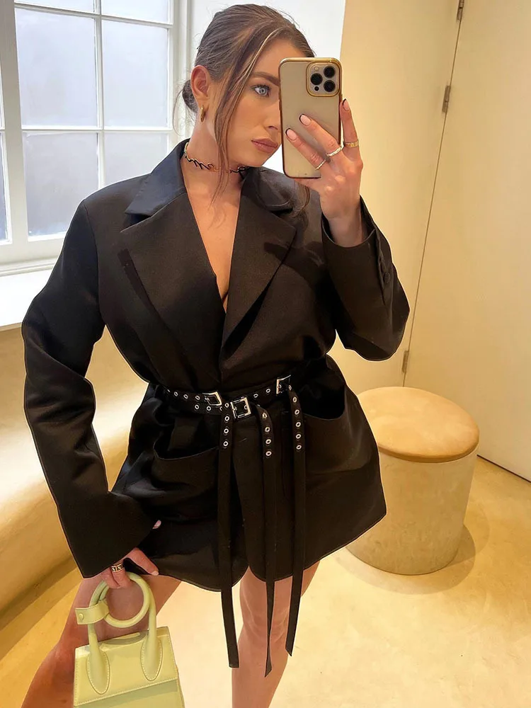 Articat Double Layer Bandage Slim Blazer Women Long Sleeve Pocket Long Jacket Female Suit Outwear Tops Street Party 2023 Autumn