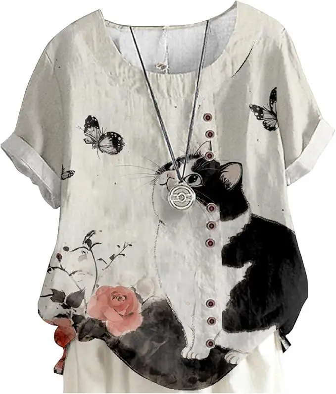 

Summer autumn women's animal flower print shirt cotton linen top casual loose short sleeve tunic shirt comfortable trend