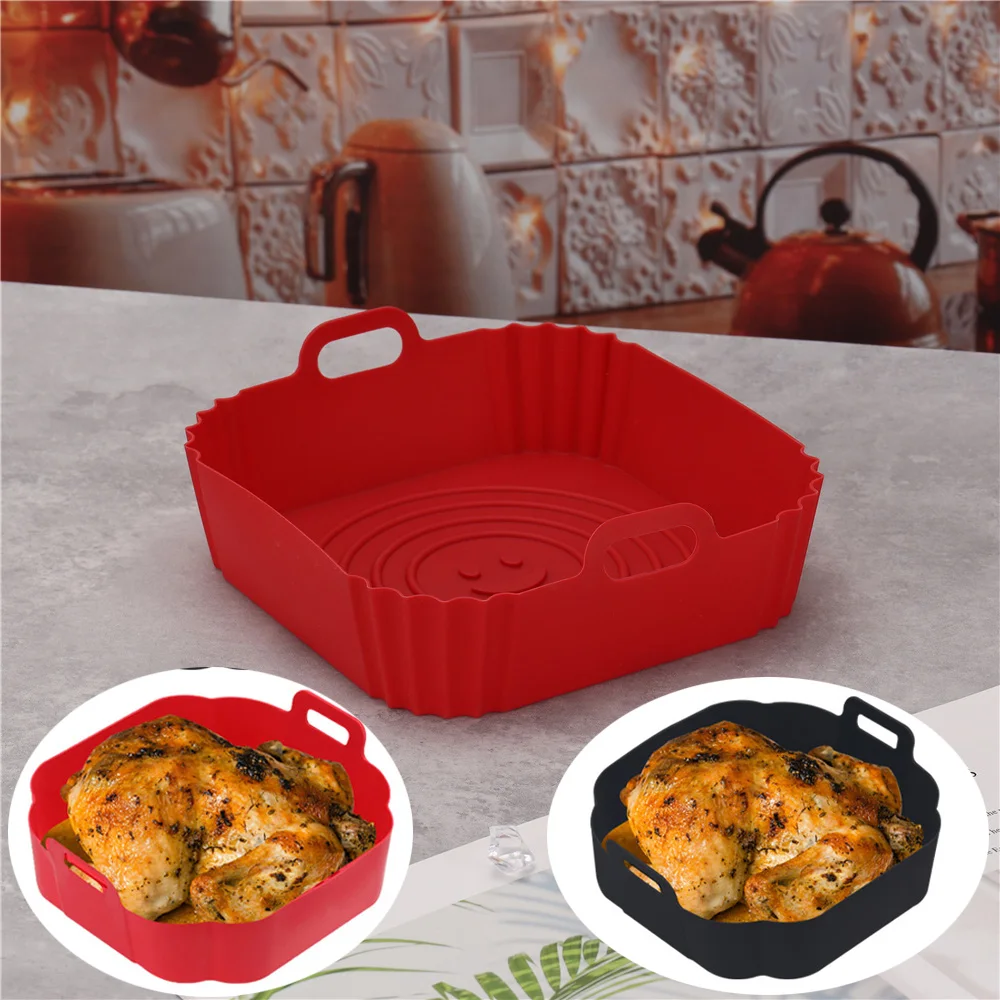 22cm Air Fryers Oven Baking Tray Fried Chicken Basket Mat AirFryer Silicone Pot Square Replacemen Grill Pan Accessories Tool