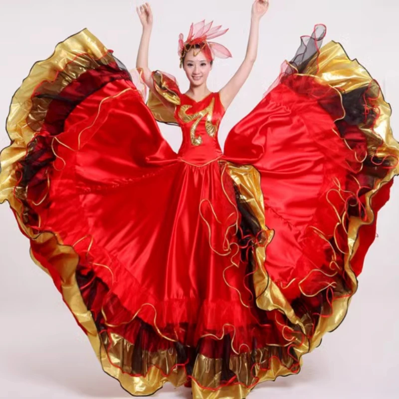 Women Spain Dress Flamenco Dress Dance Costumes Spanish Flower Chorus Stage Performance Wear for Woman