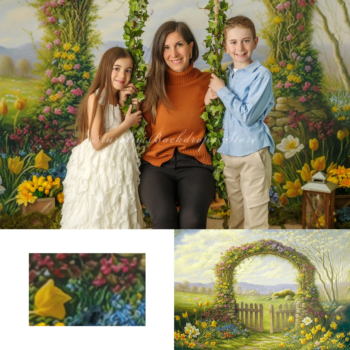 

Spring Floral Gate Arch Backgrounds Kids Adult Photography Props Child Baby Green Plants Flowers Fields Decors Photo Backdrops