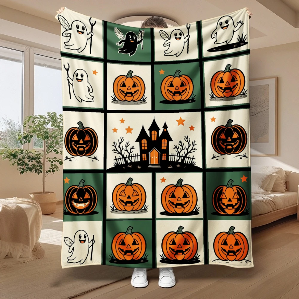 1pc Bohemian Style Flannel Blanket Suitable for Halloween & Christmas - Soft Warm Bedspread with Haunted House Print, & Pumpkin, Machine Washable Cozy Bed Cover for Sofa, Bed, Living Room Decor, Autumn Winter Gift