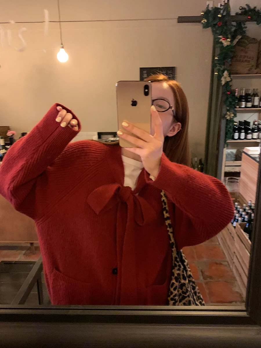 

Red Lazy Sle Loose Knitted Cardigan Women's Autumn Winter Sweater Jaet Simple Casual Commute Sle Straight Tube pe