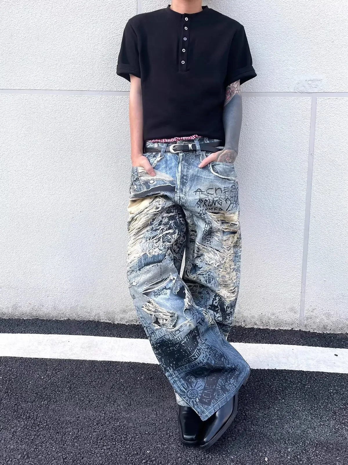 American High Street New Big Hole Dirty Dyed Jeans Female Y2K Harajuku Punk Popular Spice Girl Color Printing Extended Mop Pants