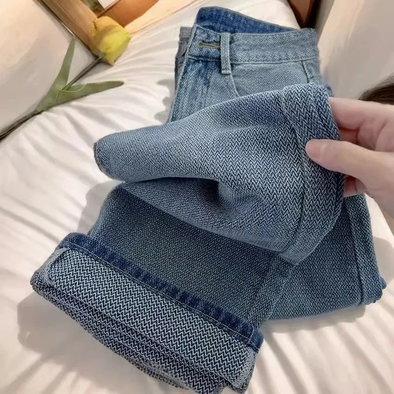 ارتفاع الخصر واسعة الساق مستقيم فضفاض الجينز الملابس النسائية الخريف الشتاء جديد Bootcut بنطلون ل الكمثرى شكل الجسم سليم صالح