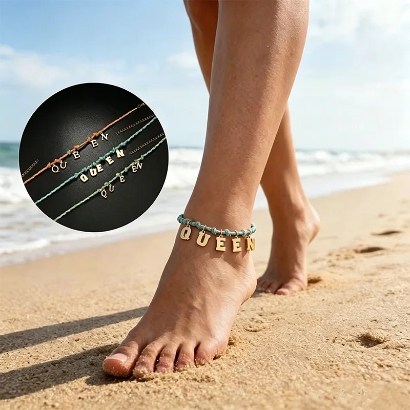 

DOREMI Women Summer Beach Jewelry Boho Beach Woven String Anklet Custom English Letter Name Ankle Bracelet