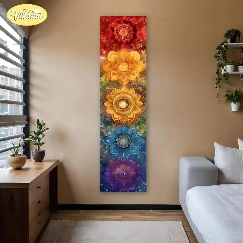 VIKAMA Seven Chakra Mandala Tapestry, Rainbow Lotus Energy Yoga & Meditation Narrow Wall Hanging, Home Decor