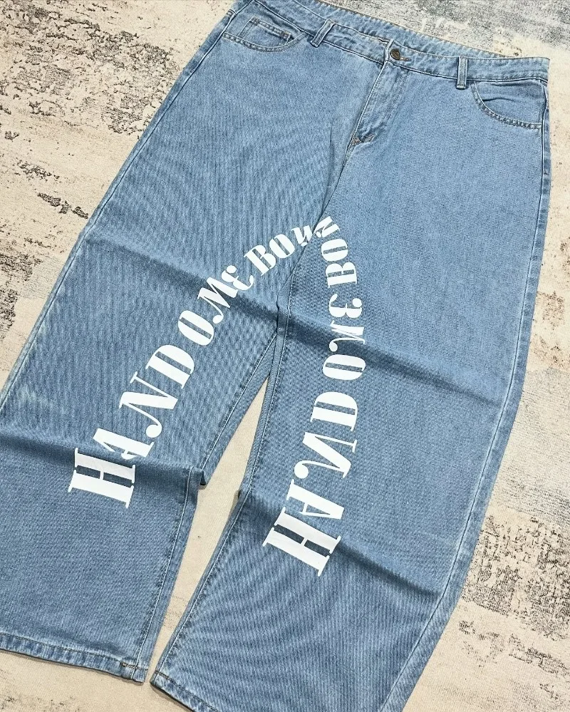 High Street Harajuku Retro Oversized Washed Jeans Women Y2K Rock Hip-hop Letter Casual Trendy Loose Straight Wide-leg Pants Men
