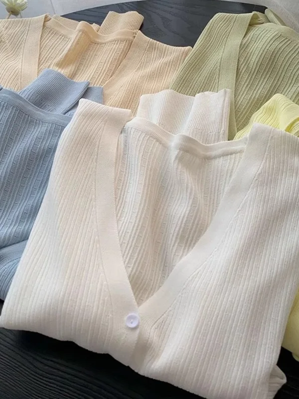 Plus Size Ice Silk Long Sve Cardigan de malha feminino verão cor pura V-Ne ar condicionado top ort Sle coreano Sle...