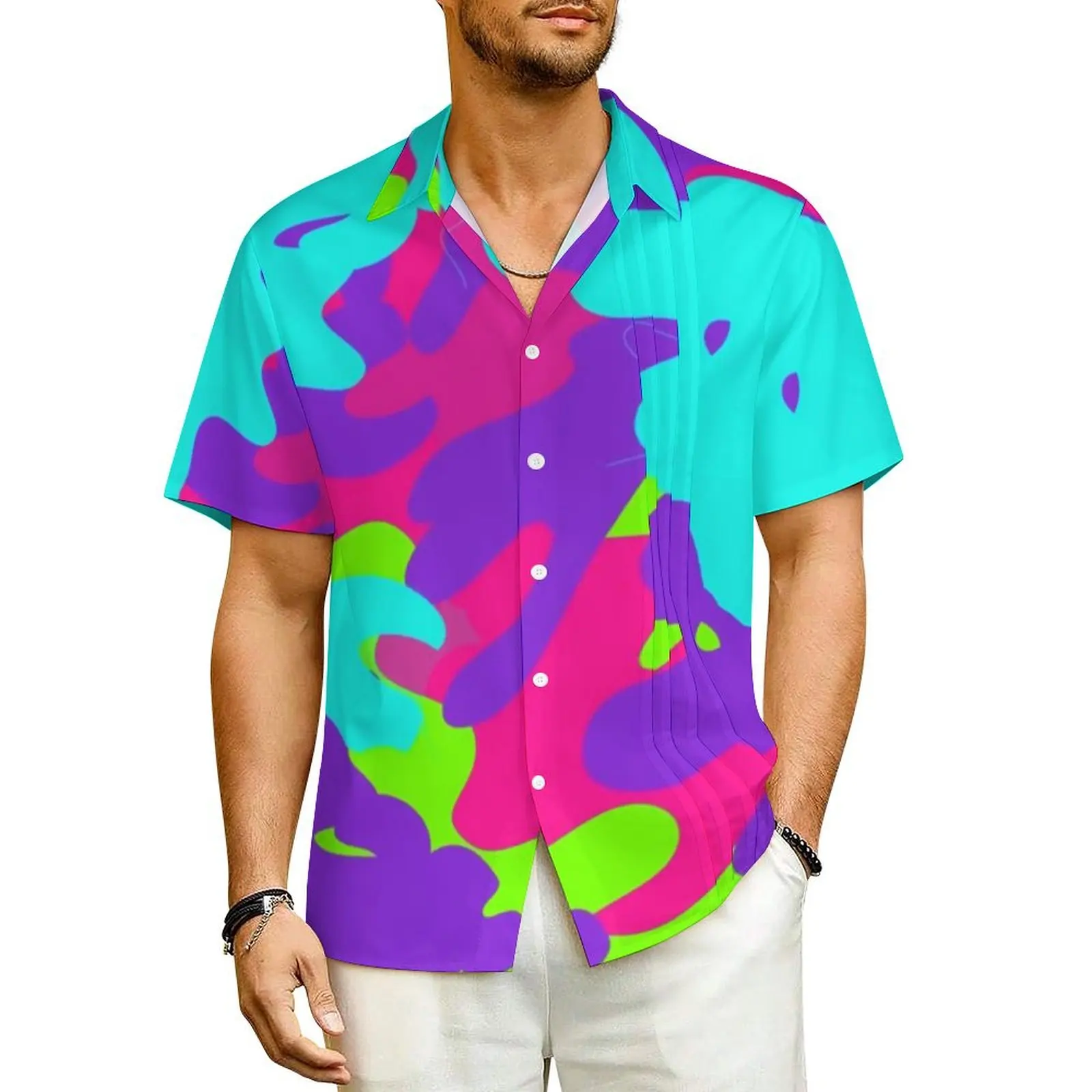 Camisa casual de neon camo masculina, estampa camuflada, novidade, mangas curtas, praia, confortável, blusas extragrandes, camisas de praia