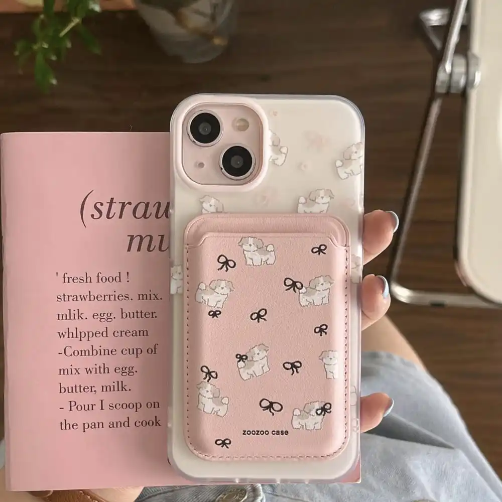 Cute Cartoon Puppy Phone Case for IPhone 12 13 14 15 Pro Max Soft Lovely Imd Magnetic Attraction Card Holder Protective Cover