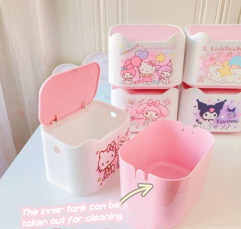 Novel Unique Sanrio Desktop Press Trash Can Household Debris Box Kuromi My Melody Tissue Box Mask Multi-Functional Storage Box