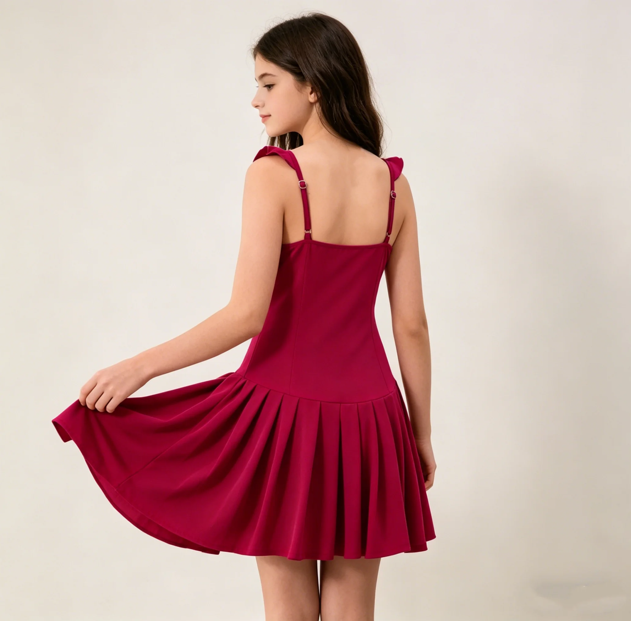 Fashionable Light Luxury Wine-Red Evening Dress For Teenage Girls With A High-End Pleated Skirt And Bodice