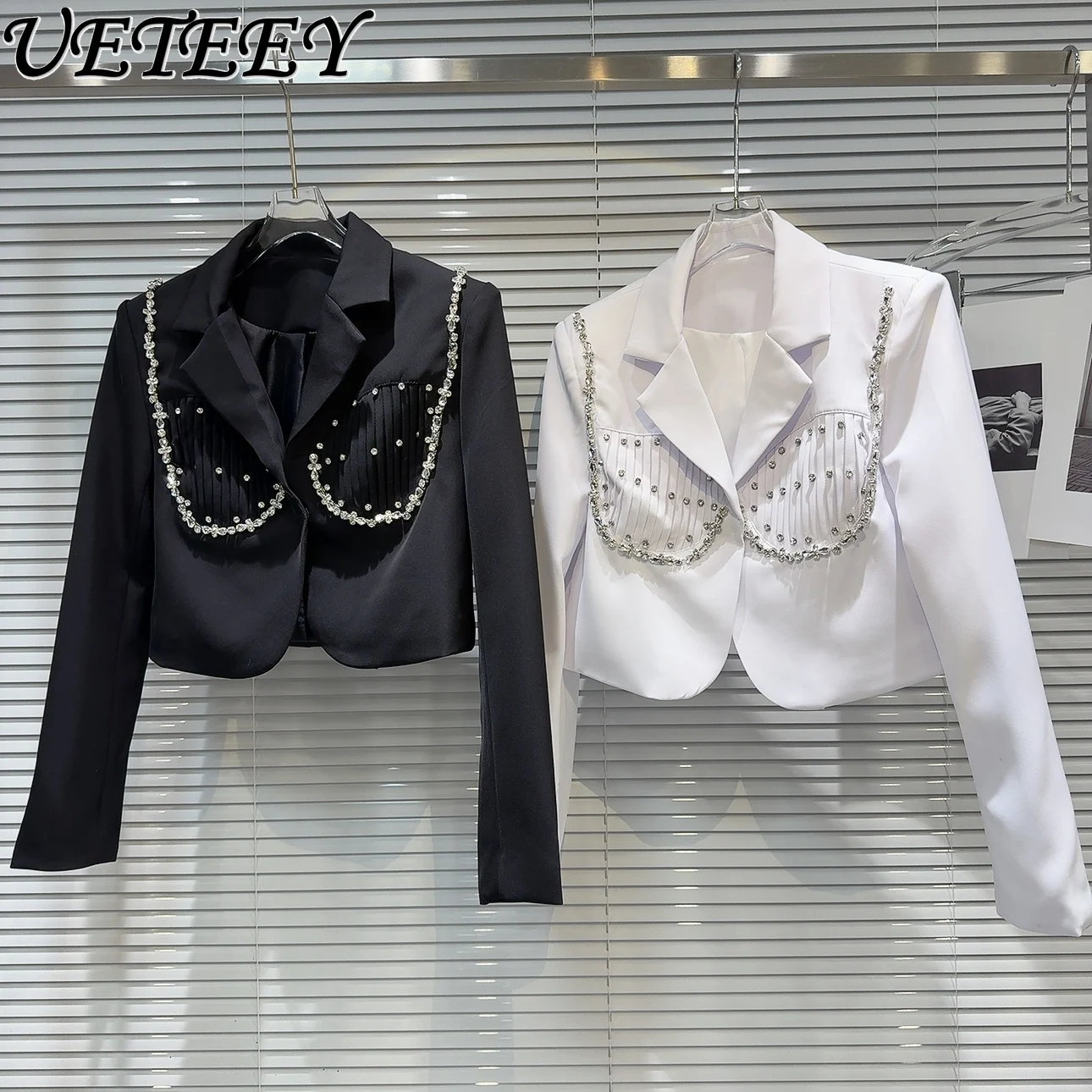 

Solid Color Short Coat 2024 Spring New Rhinestone Beaded Pleated Heavy Industry High Sense Business Suit Tailored Jacket