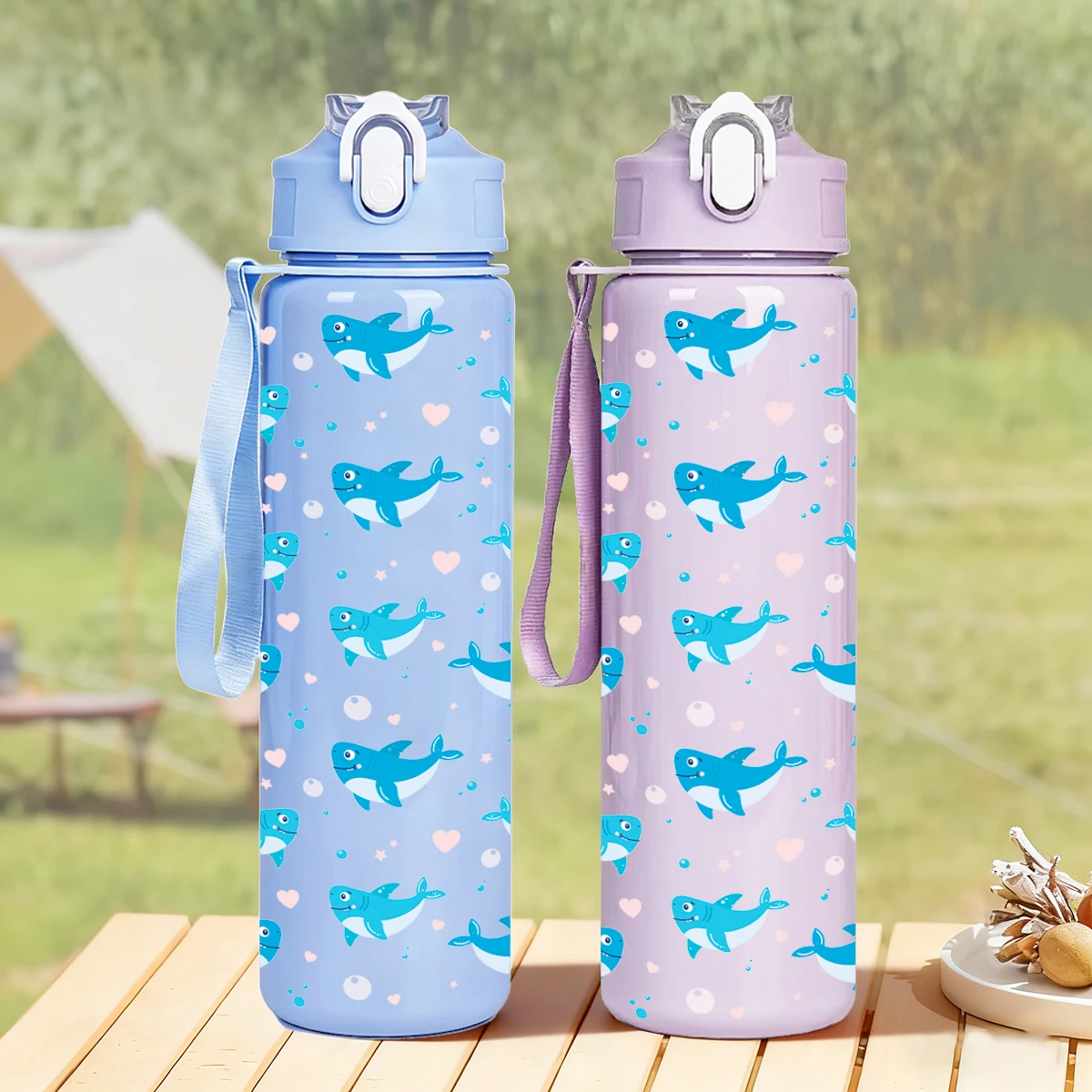Plastic Water Bottle Cute Whale Pattern Leakproof Flip Top Sports Bottle with Lanyard Portable Non-insulated Drinking Cup for Sc