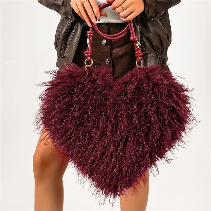 Fluffy Heart Shaped Shoulder Bag Soft Faux Fur Bags for Women Handbag Candy Color Plush Crossbody Bag Fuzz Imitation Wool Party
