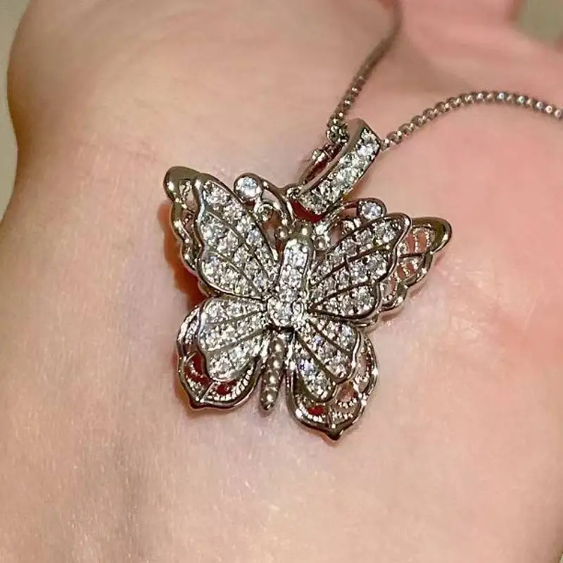 Huitan Butterfly Shaped Aesthetic Women Pendant Necklace Inlaid Bright CZ Elegant Party Wedding Accessories Trendy Chic Jewelry