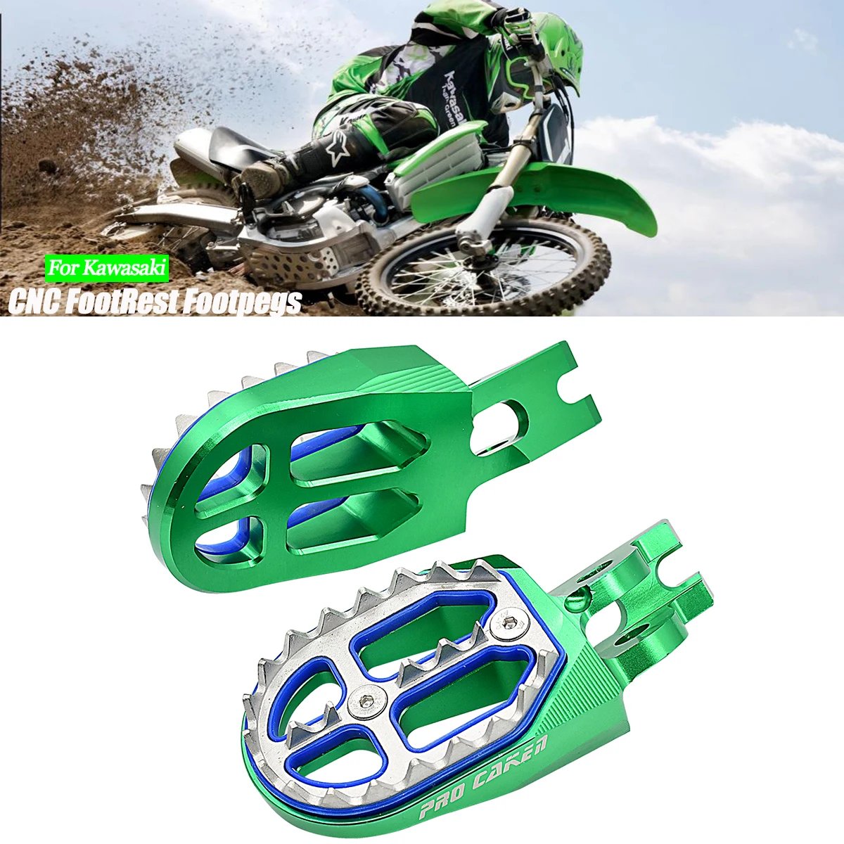 

For Kawasaki KX250F KX450F 250F 450F KX 65 80 85 100 125 250 450 500 KLX110 KLX450R 00-22 Motorcycle CNC Foot Peg Pedal Footrest