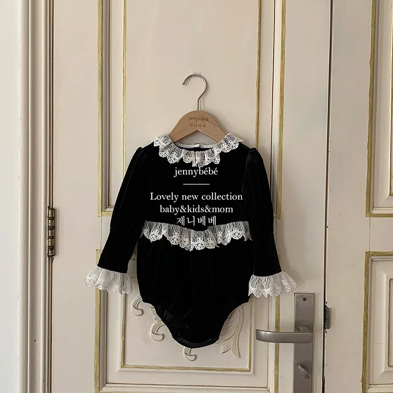 Newborn Baby Girls Lace Rompers Velvet Long Sleeve Infant One-Pieces Baby Bodysuit for Toddler Clothing Children Outfits 0-24m