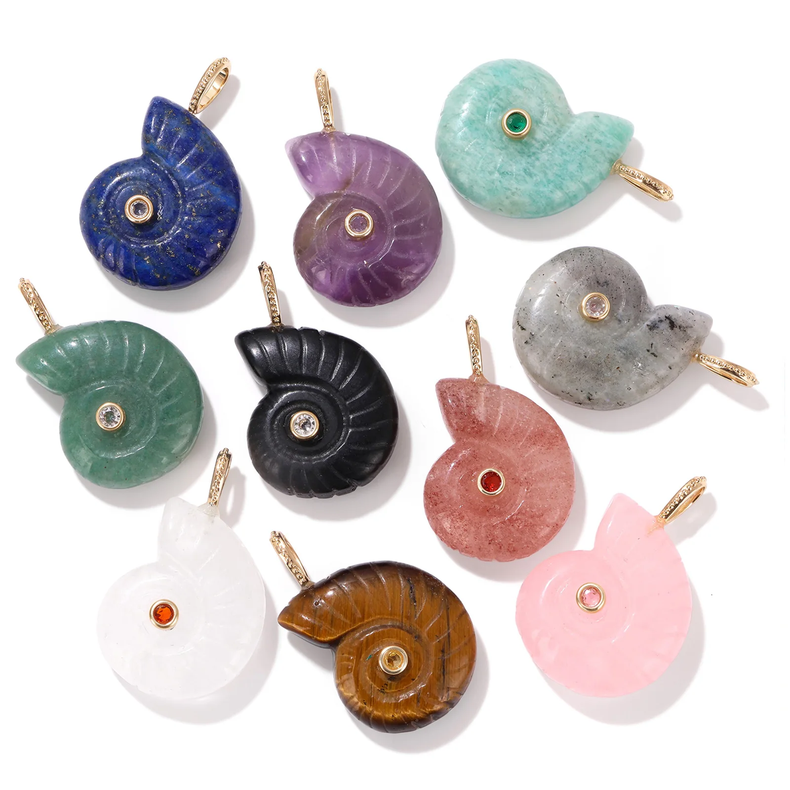 1pc 23x26MM Natural Stone Ammonite Snail Shape Pendant Natural Crystal Stones with Zircon Amethyst Quartz Tiger Eye Accessory