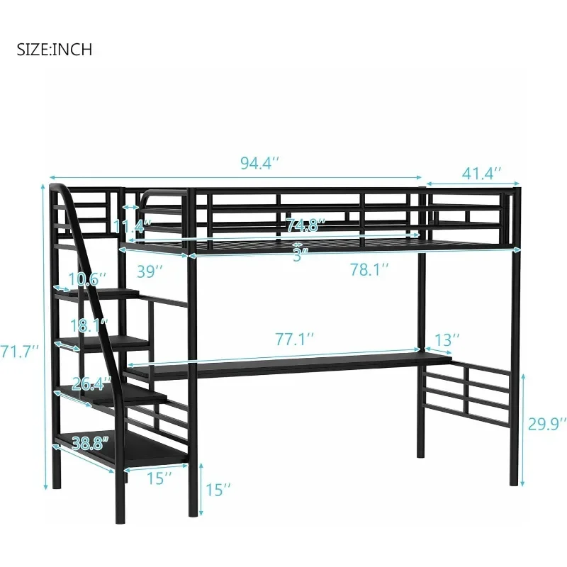 Etagen bett mit Schreibtisch und Stauraum treppe, Hochleistungs-Hochbett mit Leitplanken und langem Schreibtisch, Etagen bett für Kinder